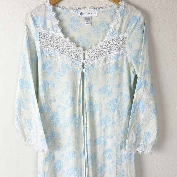 VINTAGE EILEEN WEST Women Size Small Blue Floral Robe Sleep Nightgown Lace Trim - Picture 3 of 10